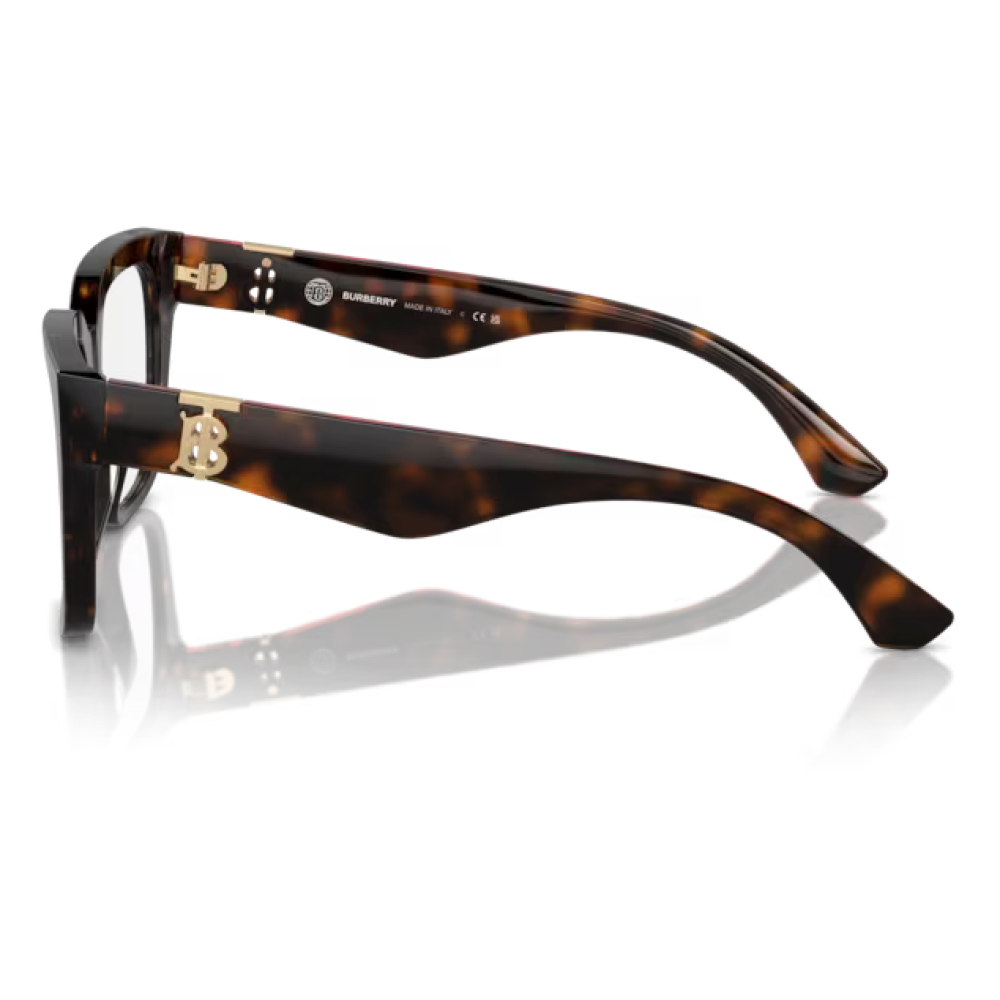 Occhiali da vista rettangolari Burberry B2298 color havana, con dettagli dorati sul logo delle aste.