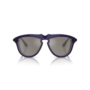 Occhiali da sole Luxottica modello Ray-Ban RB4440NF Vagabond, colore viola, forma rotonda con lente a specchio argentata.
