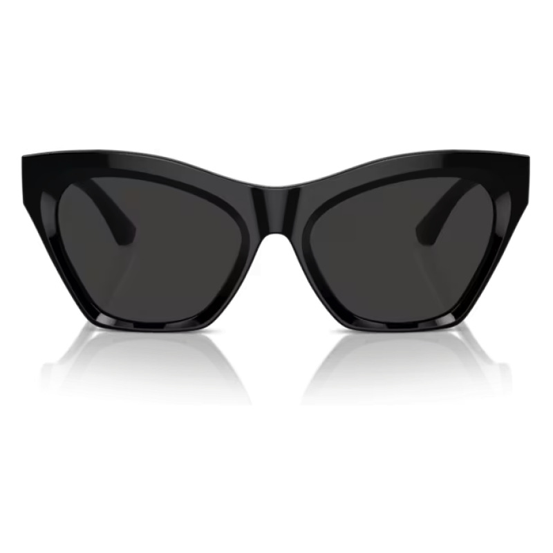 Sono occhiali da sole Prada modello PR 23YS colore nero lucido con montatura a forma di occhio di gatto.