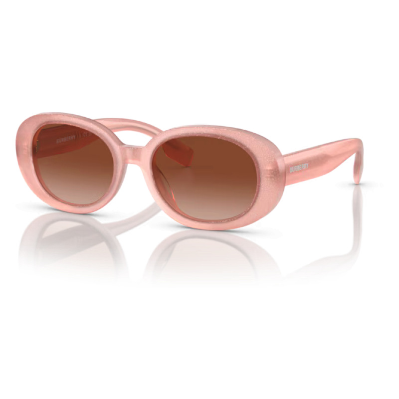 Burberry BE4344 occhiali da sole rosa rotondi con logo sulla stanghetta, lenti marroni.