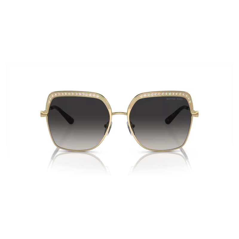 Occhiali da sole Michael Kors MK-1106B La Paz, oro con forma rettangolare e dettagli brillanti sul bordo superiore.