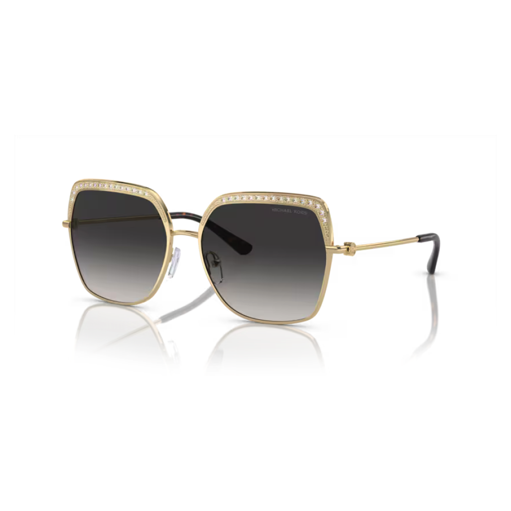 Occhiali da sole Michael Kors Paris, modello MK-2098U, colore oro, forma rettangolare con dettagli in cristallo.
