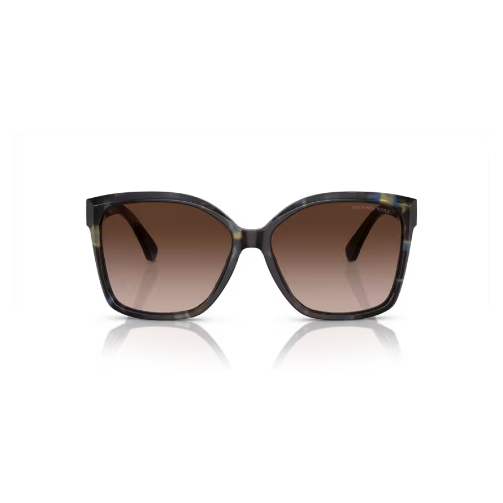 Occhiali da sole Michael Kors MK2105U modello 374813, colore marrone marmorizzato, forma squadrata con sfumatura di lenti marroni.