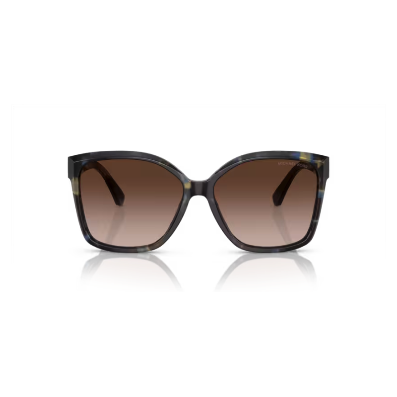 Occhiali da sole Michael Kors MK2105U modello 374813, colore marrone marmorizzato, forma squadrata con sfumatura di lenti marroni.