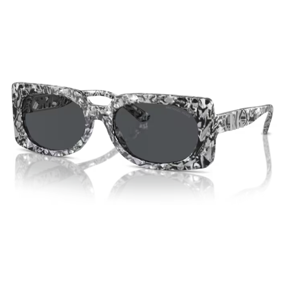 Occhiali da sole Michael Kors Isla MK2135U, colore marmo grigio, forma rettangolare.