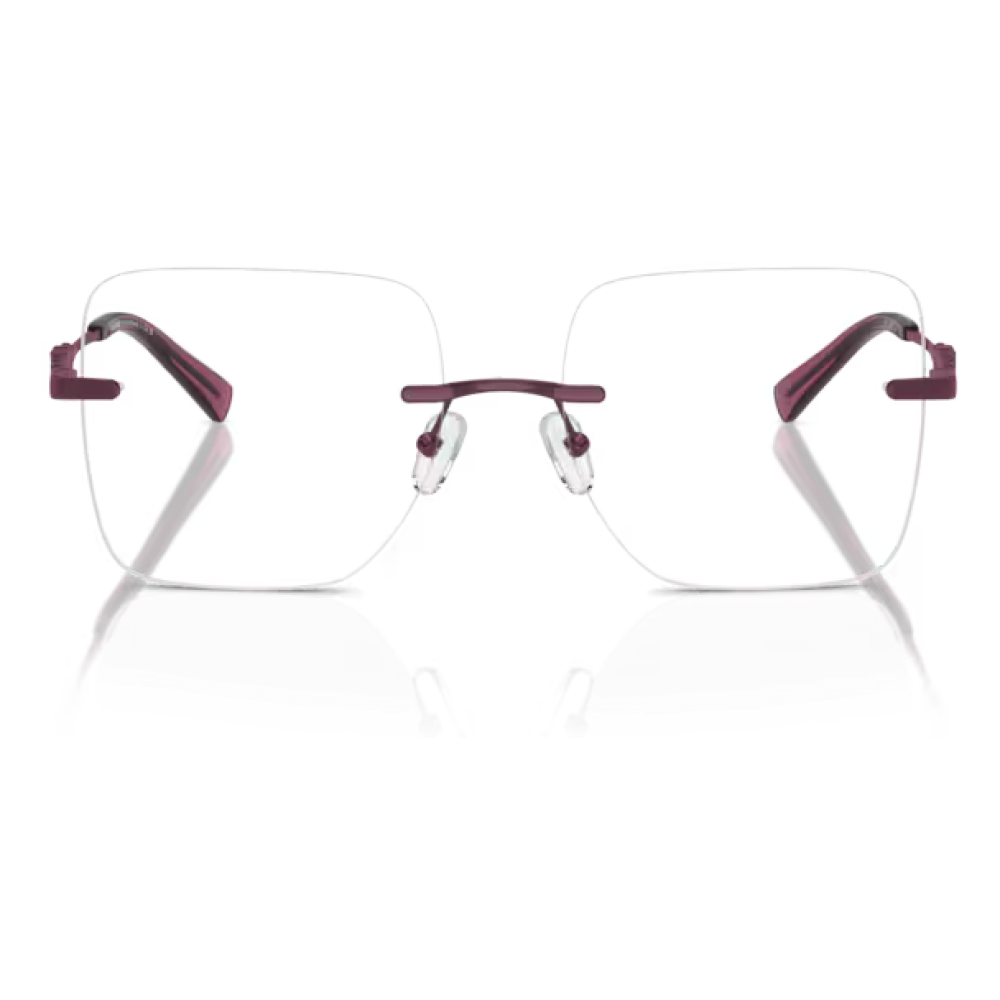 Non conoscendo le informazioni specifiche dalla pagina web, il seguente testo alternativo generico potrebbe essere appropriato per l'immagine:Occhiali da vista senza montatura con aste viola e forma rettangolare.