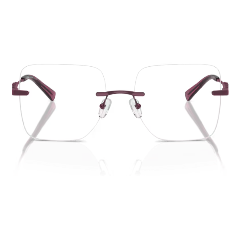 Non conoscendo le informazioni specifiche dalla pagina web, il seguente testo alternativo generico potrebbe essere appropriato per l'immagine:Occhiali da vista senza montatura con aste viola e forma rettangolare.