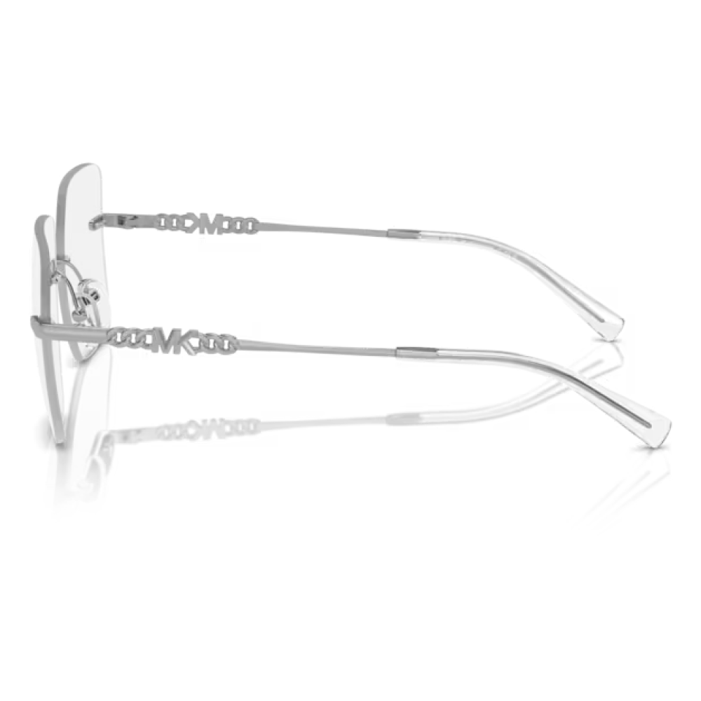 Occhiali Persol PO2489V, montatura argento, forma rettangolare, mostrati di lato per evidenziare il design sottile e stilizzato.