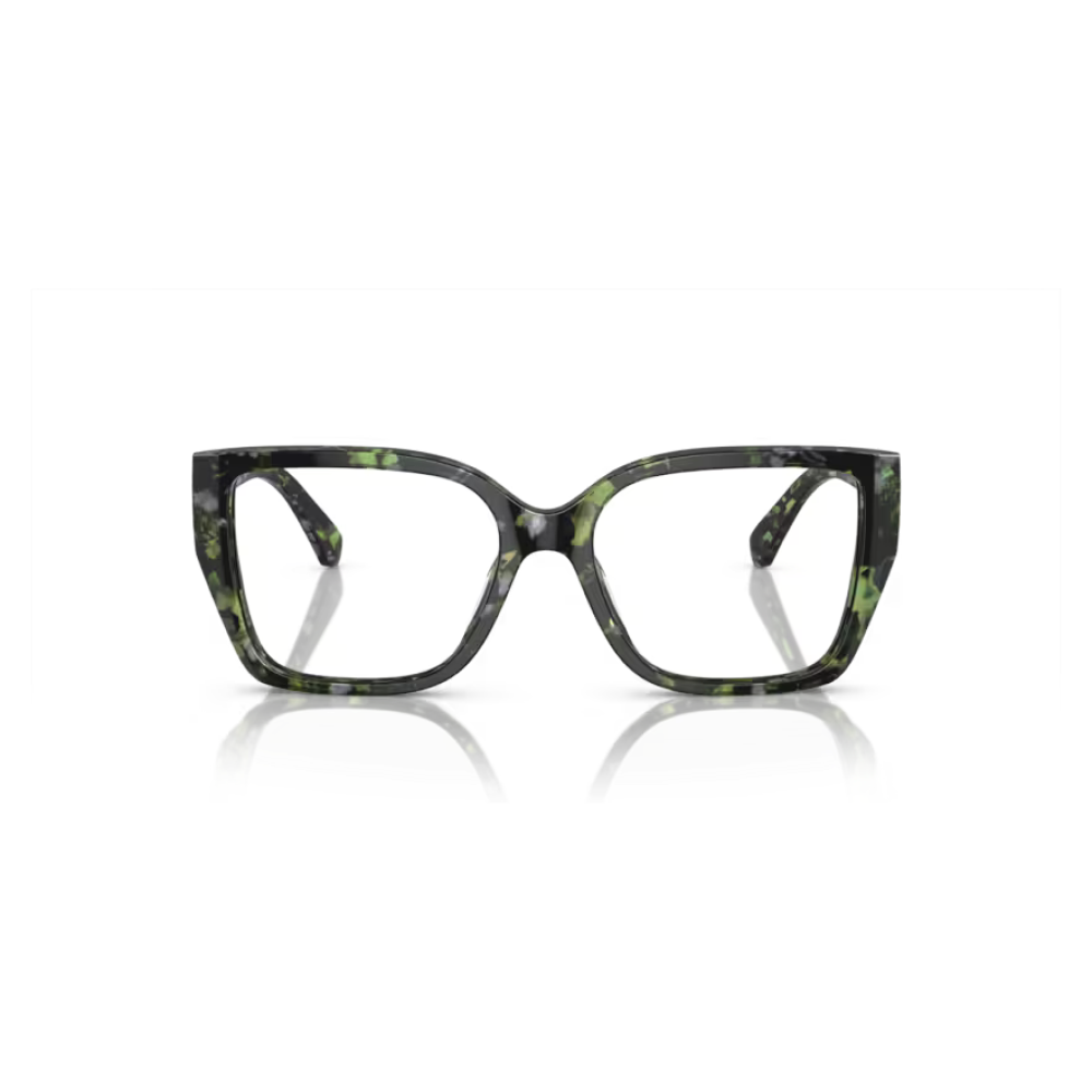 Occhiali da vista Ray-Ban RX5383 in acetato verde camo, forma cat-eye femminile.