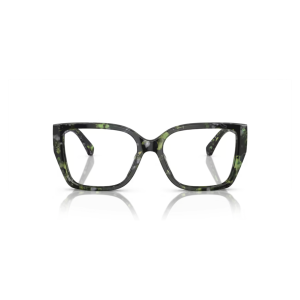 Occhiali da vista Ray-Ban RX5383 in acetato verde camo, forma cat-eye femminile.
