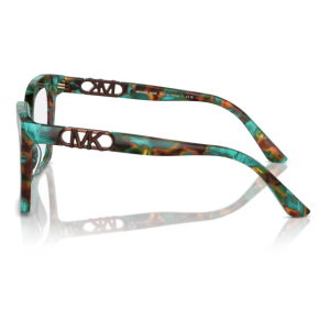 Occhiali Michael Kors, modello MK4053, colore tartaruga verde, forma rettangolare, vista laterale delle aste con logo MK.