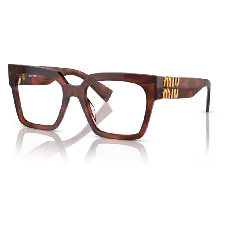 Occhiali da vista Miu Miu MU 05TV, marrone scuro, forma rettangolare con logo dorato sulle aste.