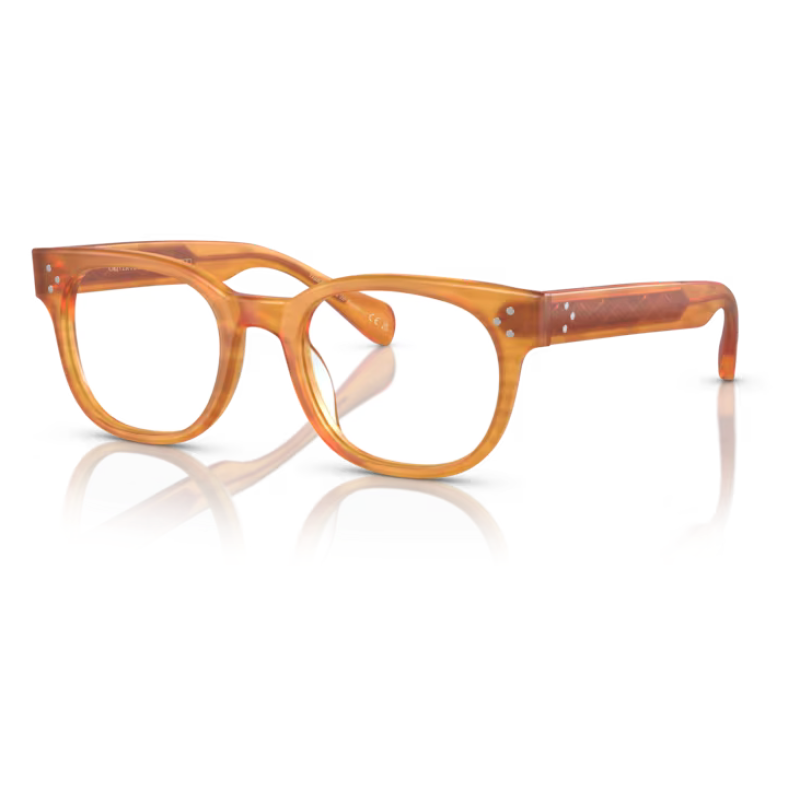 Occhiali Oliver Peoples modello Gregory Peck, colore arancione miele, forma rotonda e montatura in acetato.