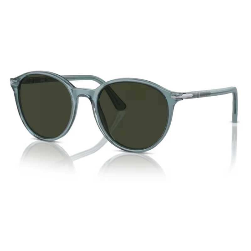 Occhiali da sole Persol PO3059S, colore smeraldo trasparente, forma rotonda.
