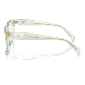 Occhiali da vista Prada modello PR 06XVV, colore trasparente con dettagli dorati, forma rettangolare.