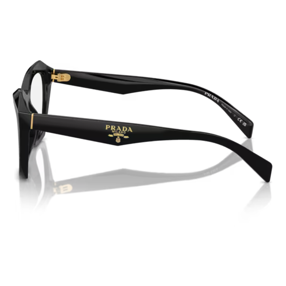 Occhiali Prada PR 06YS, colore nero lucido, forma squadrata elegante e moderna con dettagli dorati sulle aste.