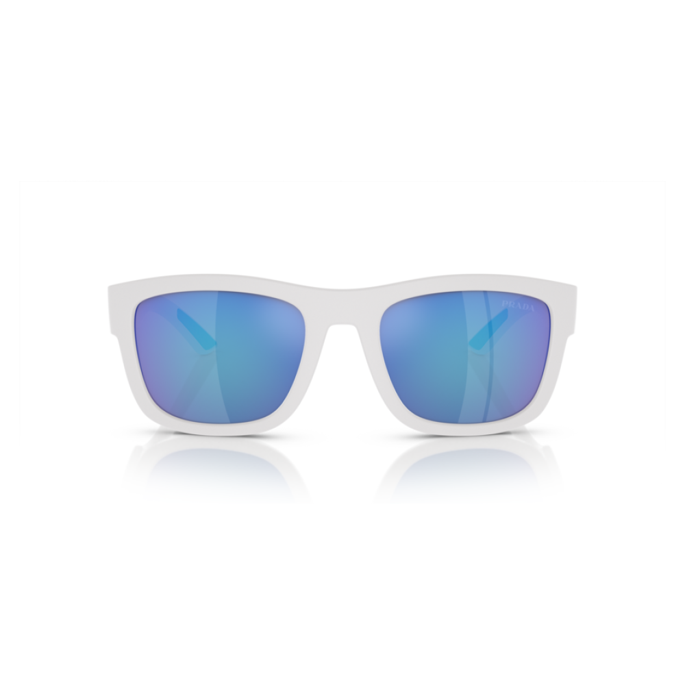 Occhiali da sole Prada PR 02VS 01F2C0, colore bianco, forma squadrata, con lenti blu specchiate.