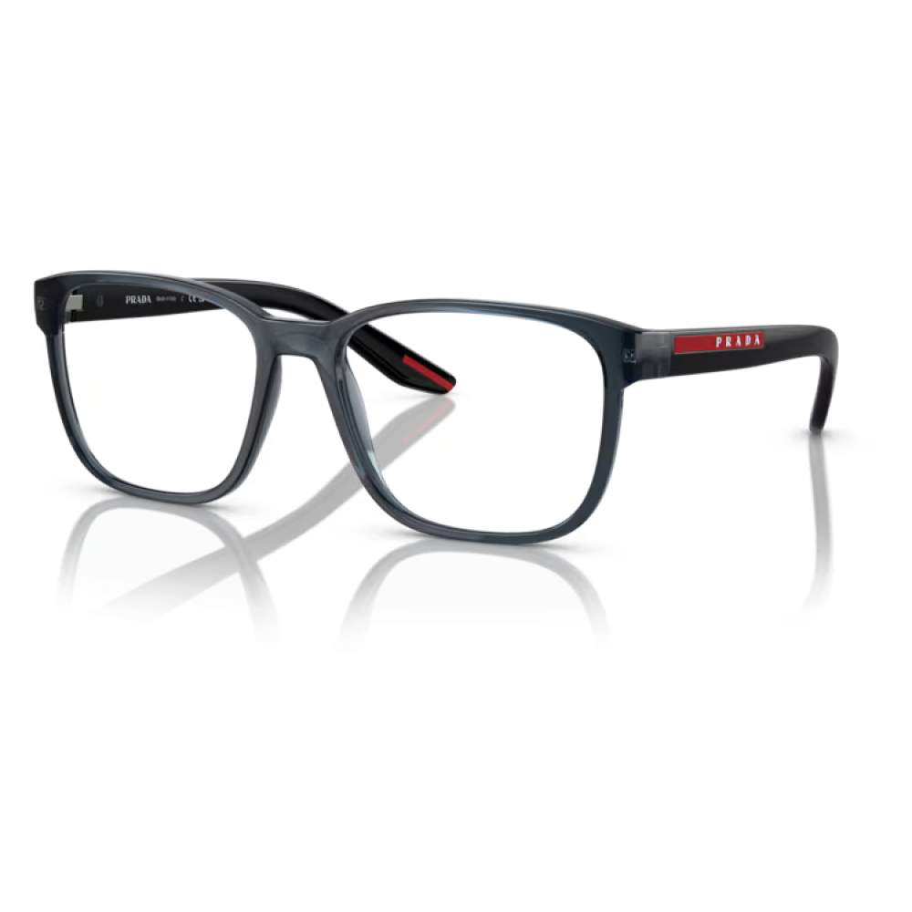 Prada Linea Rossa 06PV CZH1O1 propionato | vista uomo Occhiali Prada modello PR 16MV, colore grigio, forma rettangolare, con dettagli rossi e logo Prada sulle aste