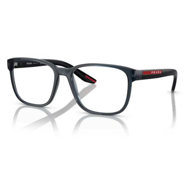 Occhiali Prada modello PR 16MV, colore grigio, forma rettangolare, con dettagli rossi e logo Prada sulle aste