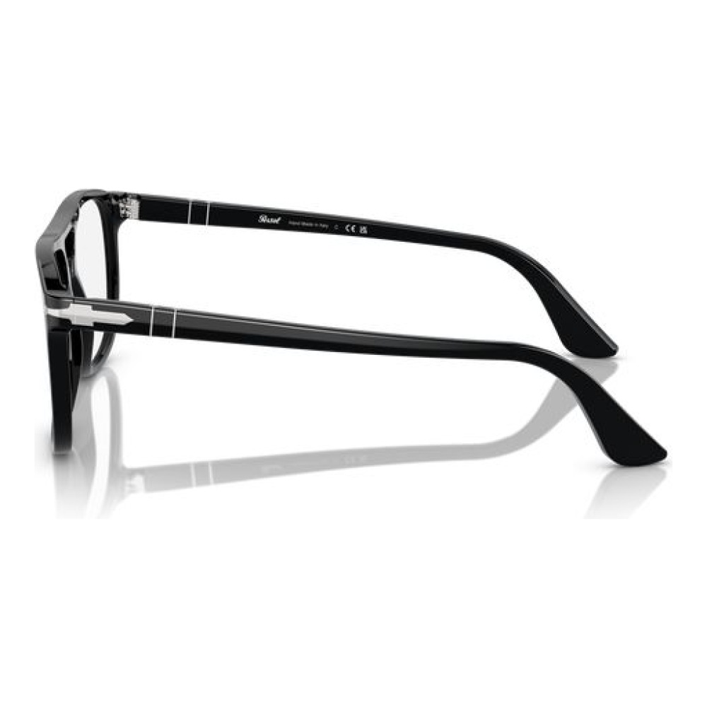 Occhiali da vista Persol modello PO3225V, colore nero, con montatura squadrata, visione laterale dei dettagli delle aste.