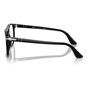 Occhiali da vista Persol modello PO3225V, colore nero, con montatura squadrata, visione laterale dei dettagli delle aste.