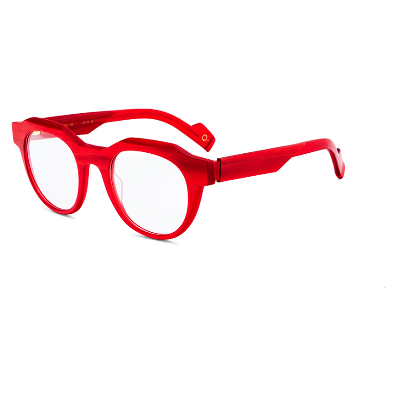 Occhiali Kuboraum Maske E6 in colore rosso, forma rotonda con montatura spessa.