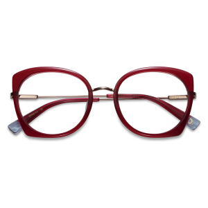 Occhiali Etnia Barcelona modello Tria combinato rosso, quadrati, con montatura spessa e dettagli dorati sottili sule aste.