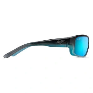 Occhiali da sole Maui Jim modello Big Wave, colore nero e azzurro, con lente polarizzata blu e forma rettangolare.