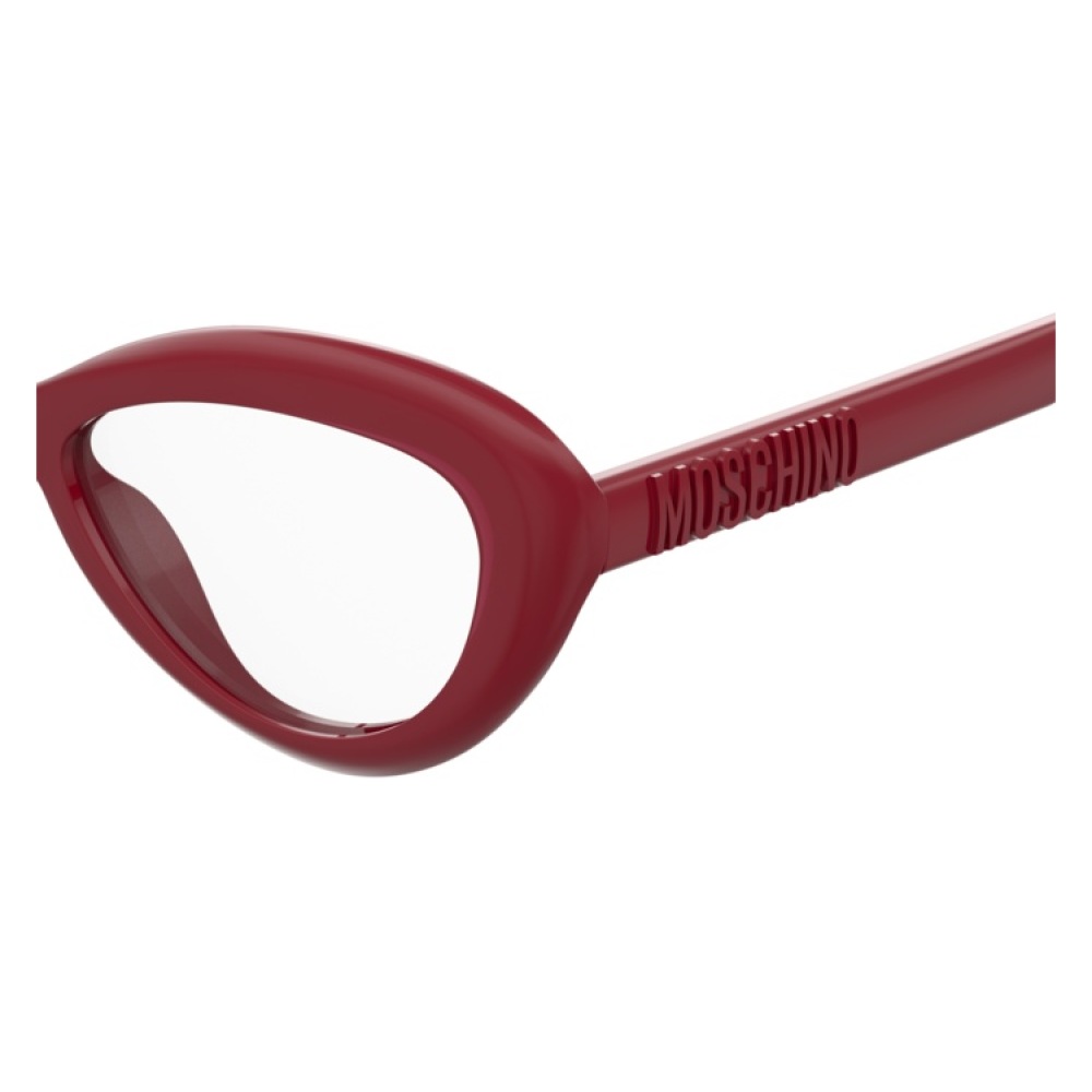 Occhiale Moschino MOS508 in colore bordeaux, forma ovale con logo Moschino inciso sulla stanghetta.