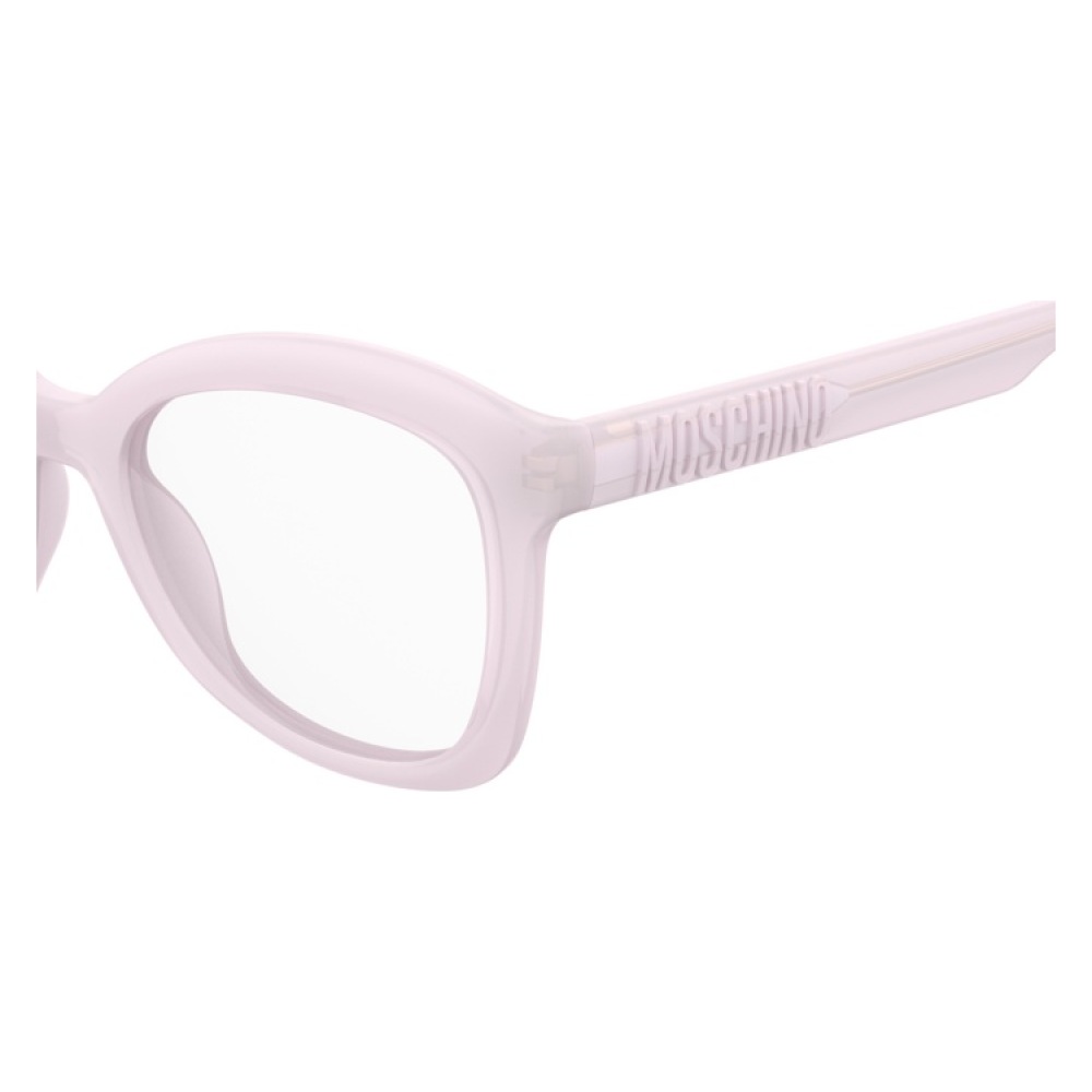 Occhiali da vista Moschino MOS596 0T7, colore rosa trasparente, a forma rettangolare con logo Moschino sulla stecca.