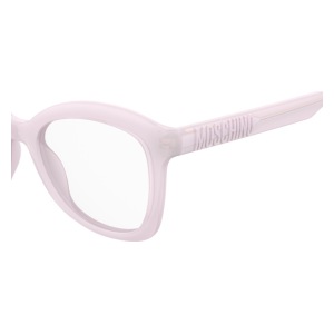 Occhiali da vista Moschino MOS596 0T7, colore rosa trasparente, a forma rettangolare con logo Moschino sulla stecca.