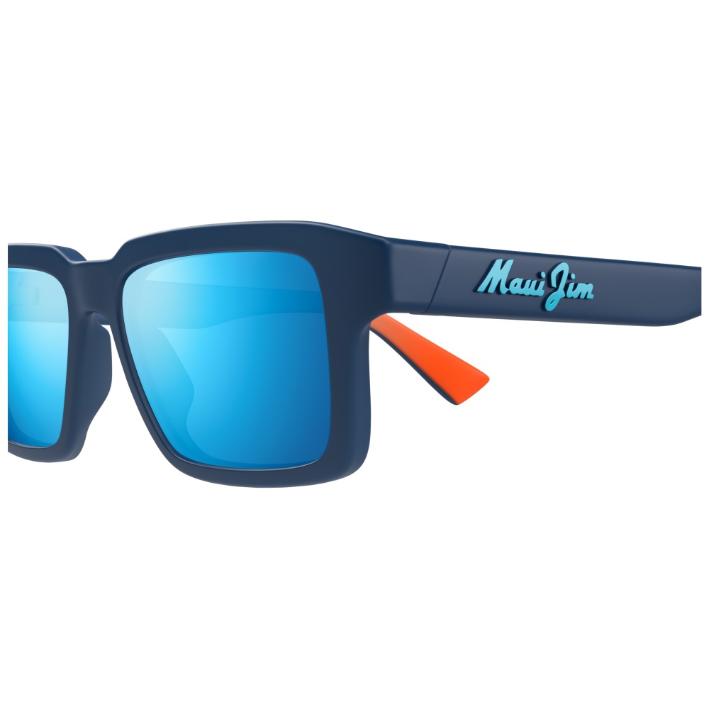 Occhiali da sole Maui Jim Switchbacks, montatura blu navy con lenti blu specchiate quadrate e inserti arancioni.