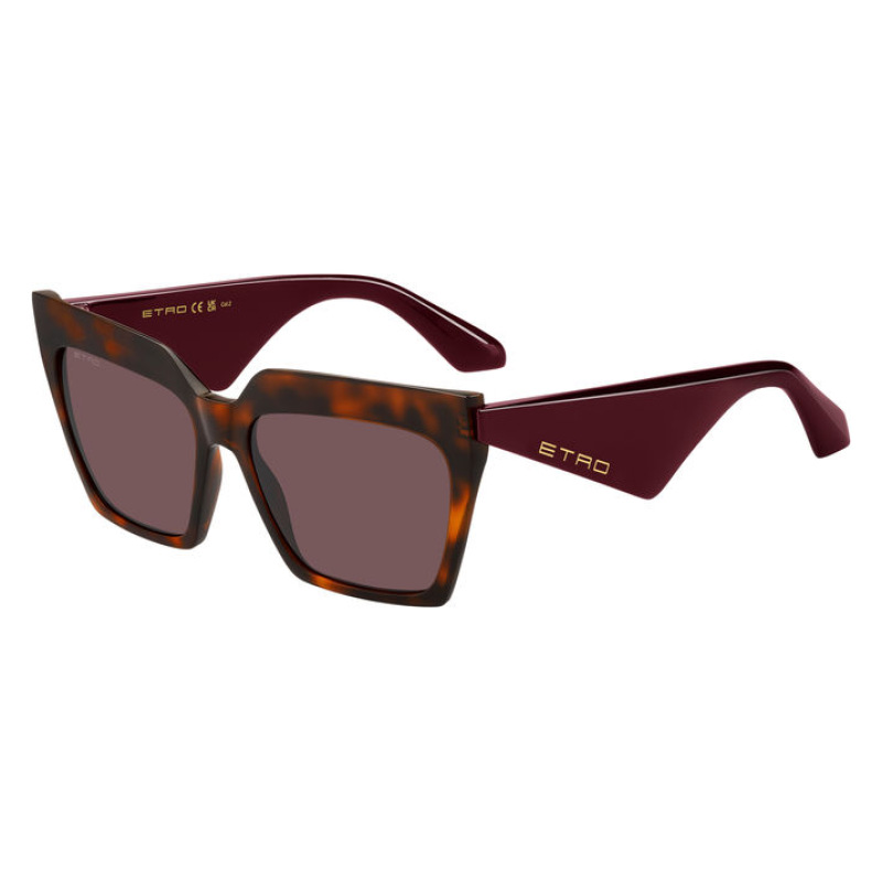 Occhiali da sole Etro 4262 550, forma quadrata, colore Havana tartarugato con aste rosso bordeaux e scritta Etro dorata.