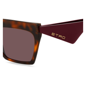 Occhiali da sole ETRO Mod. 50138, colore tartaruga/marrone, forma quadrata, dettaglio logo dorato sulle aste bordeaux.