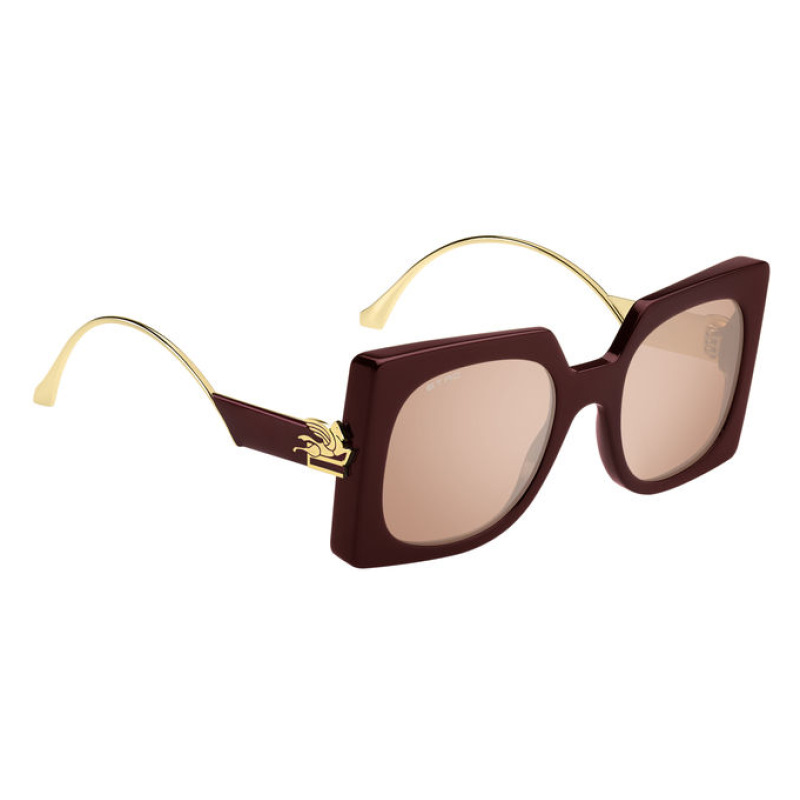 Occhiali da sole Etro Mod. 7157 541 in acetato, color ciliegio scuro e montatura quadrata, con dettagli dorati sulle aste.
