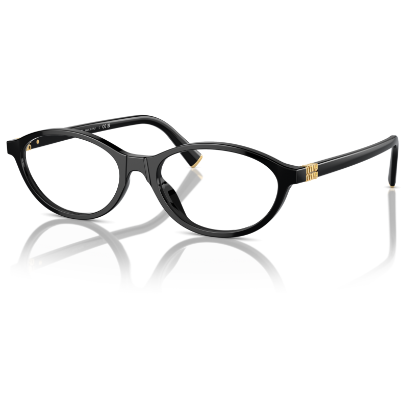 Occhiali neri Miu Miu MU 03TV, forma ovale, dettagli dorati sul frontale e sulle aste, riflesso su fondo bianco.