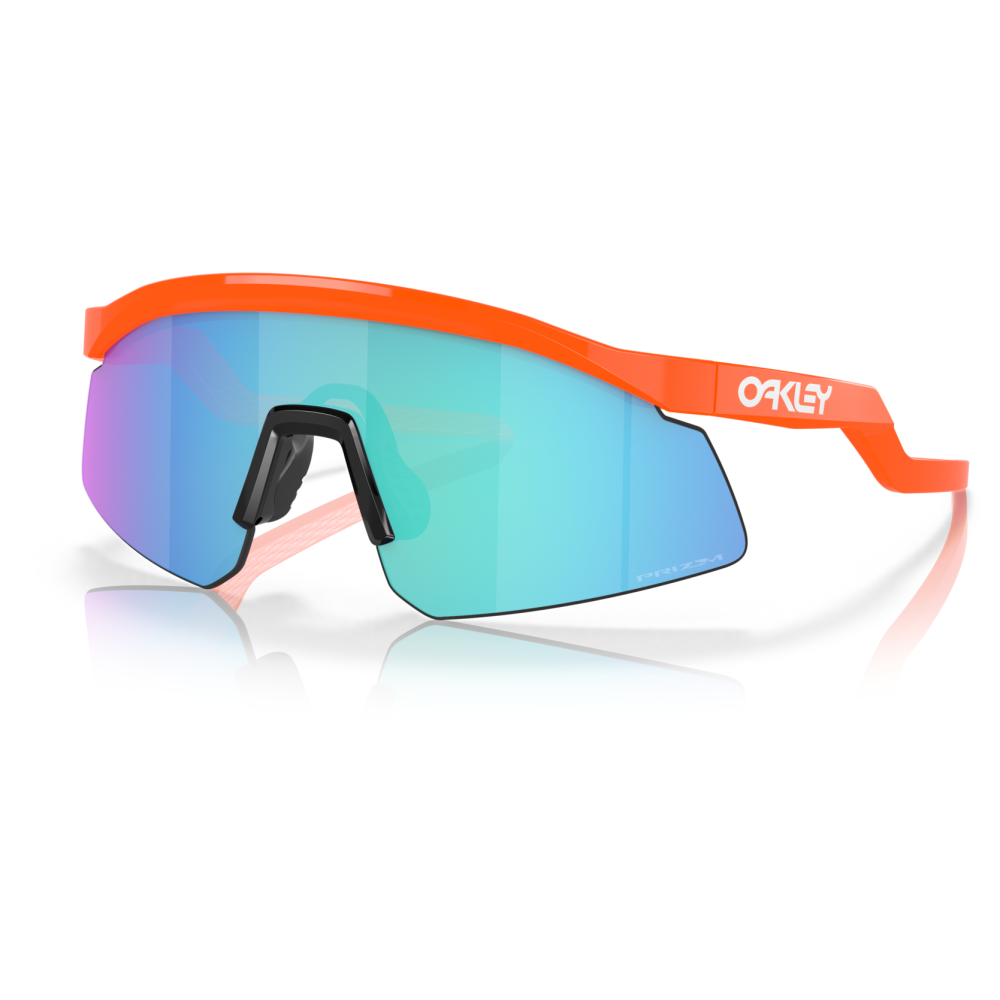 Occhiali Oakley modello Encoder con montatura arancione e lenti Prizm Sapphire a specchio, design sportivo e avvolgente.