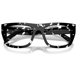 Occhiali Prada VPR AT7 neri con motivo tartarugato bianco, forma squadrata, stile contemporaneo e sofisticato.