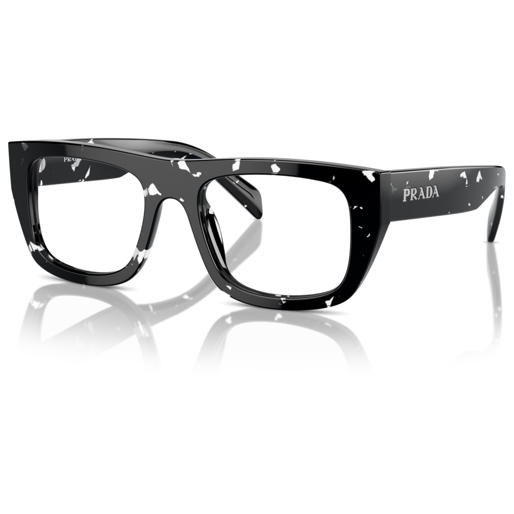 Occhiali Prada modello PR21Y col. 08T01D, forma rettangolare, colore nero screziato bianco, stile moderno e audace.