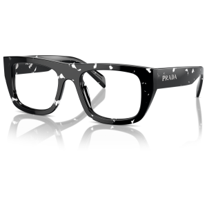 Occhiali Prada modello PR21Y col. 08T01D, forma rettangolare, colore nero screziato bianco, stile moderno e audace.