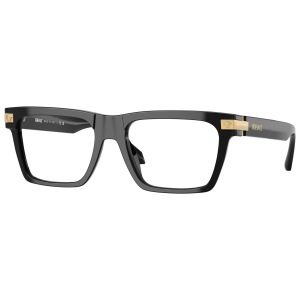 Occhiali Versace VE1263 nero a forma rettangolare, montatura spessa con dettagli dorati e logo laterale.