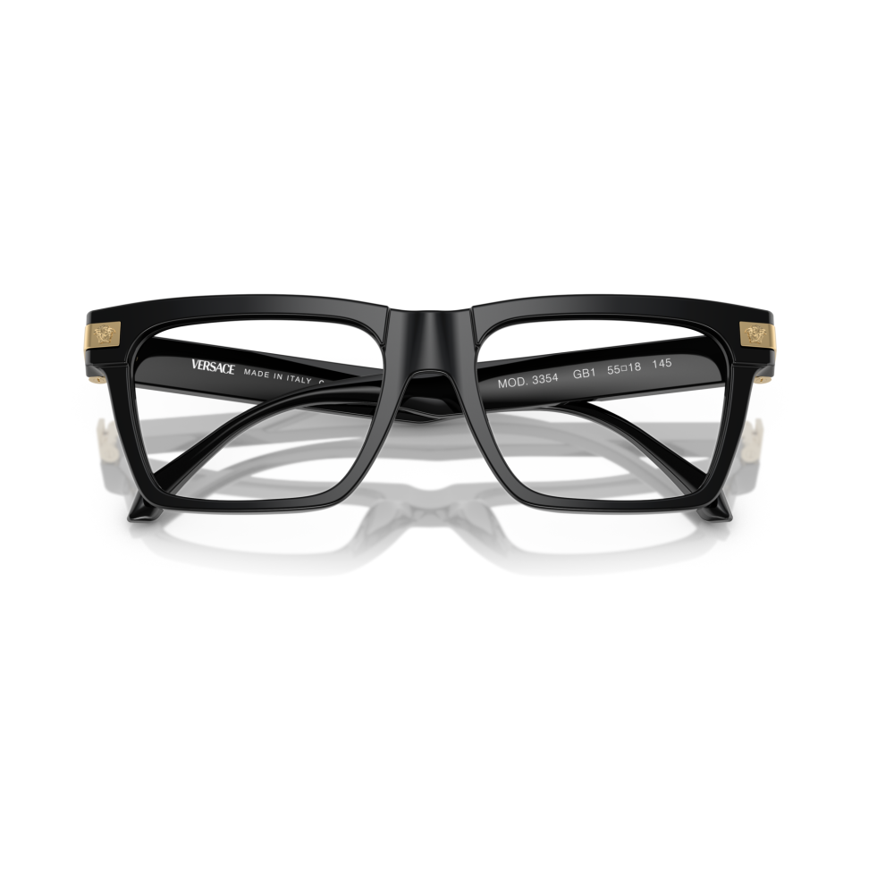 Occhiali Versace modello 3354, colore nero, forma rettangolare, dettaglio dorato sulla montatura nera minimalista.