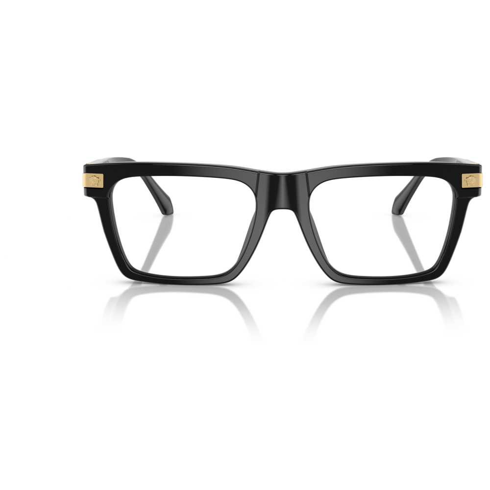 Occhiali Versace VE3279, colore nero, forma squadrata, dettagli dorati ai lati con logo Medusa.