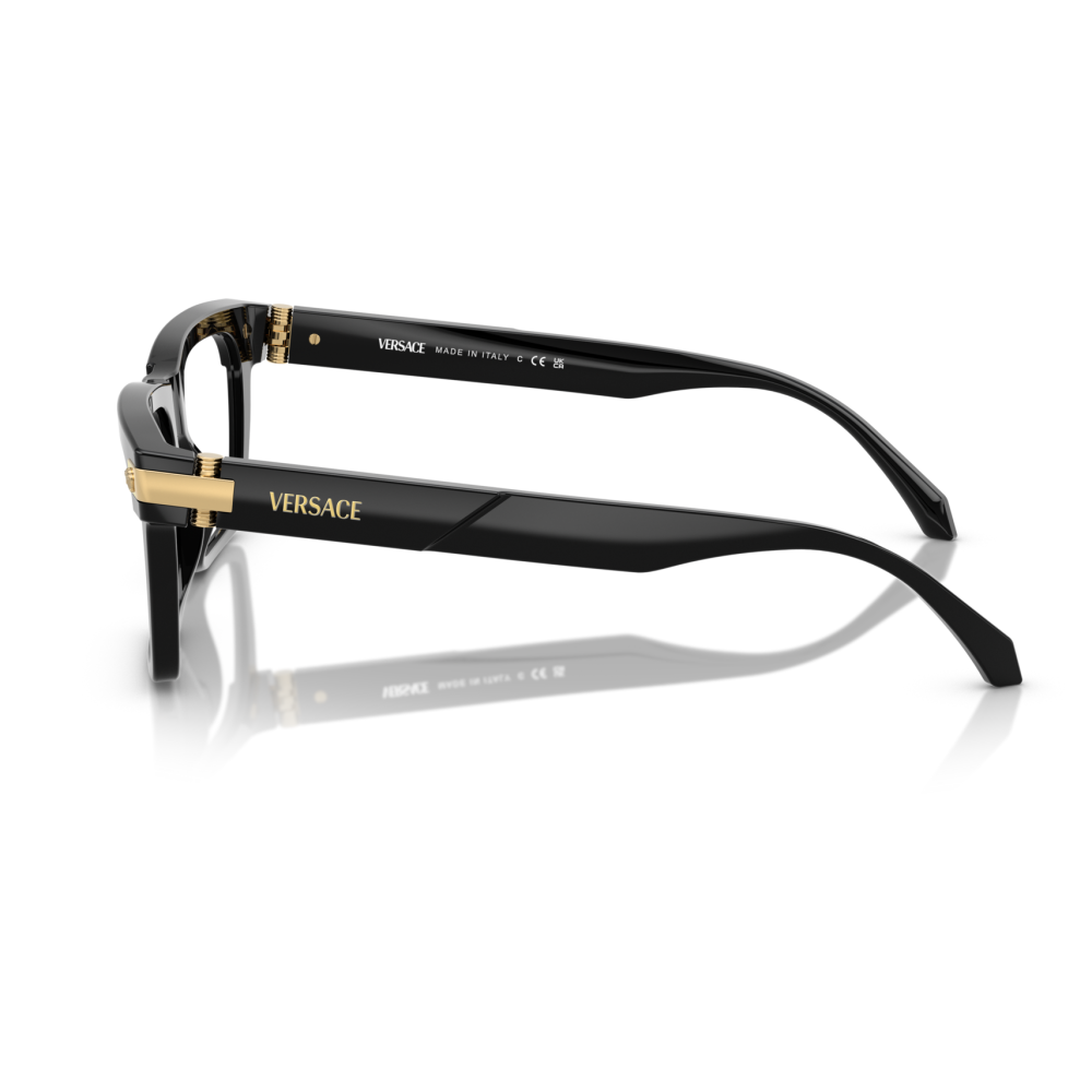 Occhiali Versace VE 1265, colore nero, modello quadrato con dettagli dorati, visione laterale su sfondo bianco.