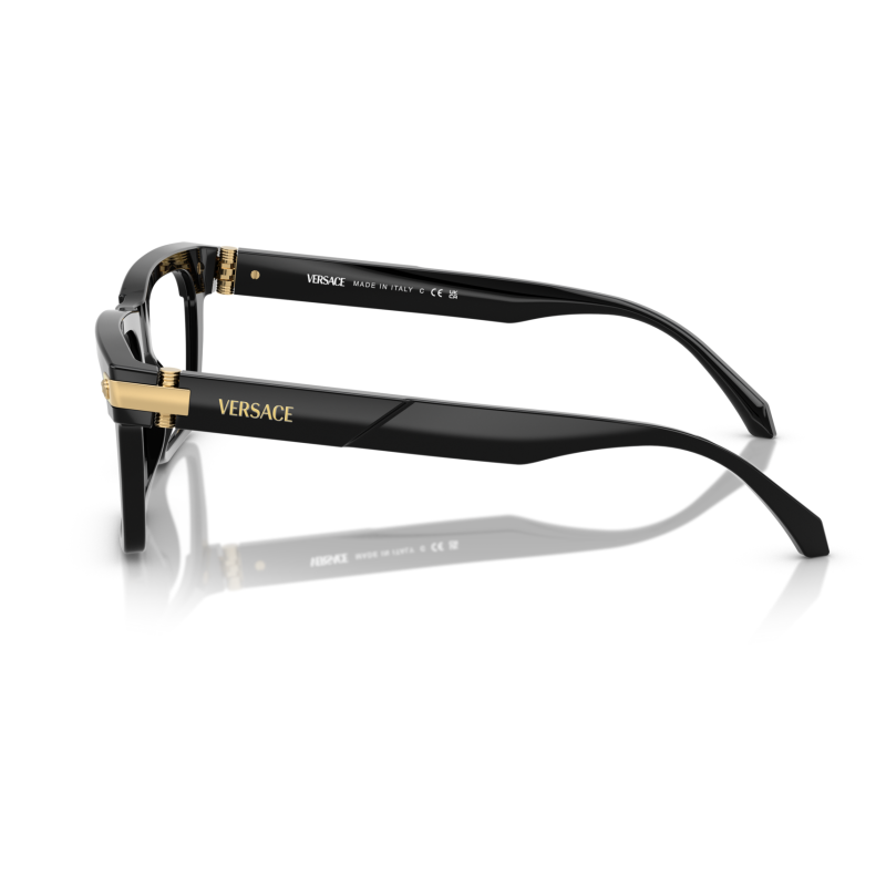 Occhiali Versace VE 1265, colore nero, modello quadrato con dettagli dorati, visione laterale su sfondo bianco.