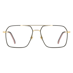 Occhiali da vista Thom Browne TB-011 in nero e oro, con montatura squadrata in metallo e aste con dettagli tricolore.