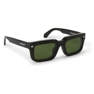 Occhiali da sole Off-White Virgil in acetato nero, forma rettangolare, lenti verdi; modello classico e moderno.
