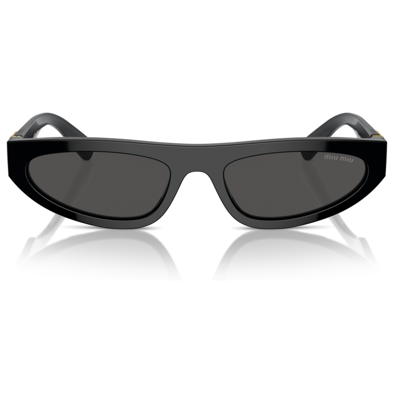 Occhiali Miu Miu, montatura nera spessa, forma futuristica e lenti scure.