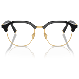 Occhiali da vista clubmaster, montatura nera e dorata, dal design classico e minimalista.