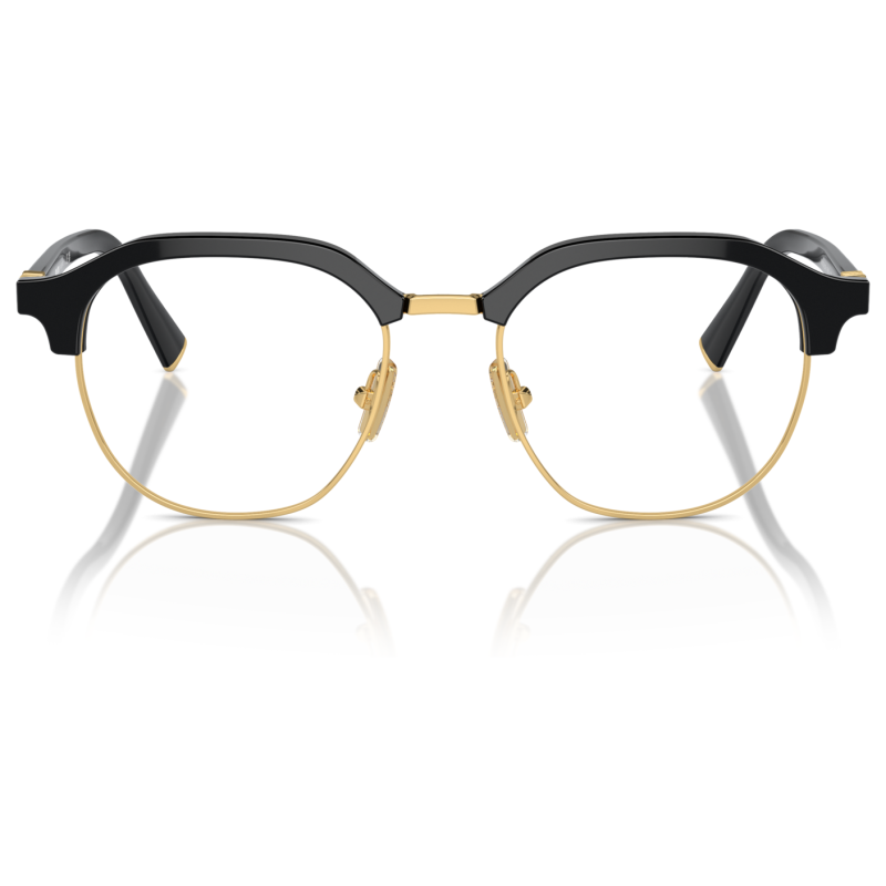 Occhiali da vista clubmaster, montatura nera e dorata, dal design classico e minimalista.